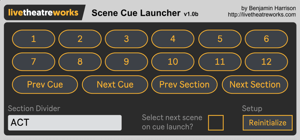 Image of the Scene Cue Launcher plugin interface.